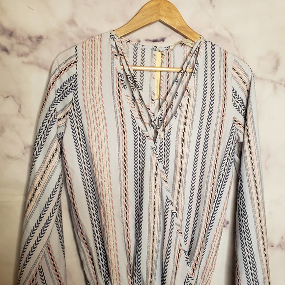 VINTAGE HAVANA Stripe Boho Flare Long Sleeve Faux Wrap Romper S - Picture 3 of 8